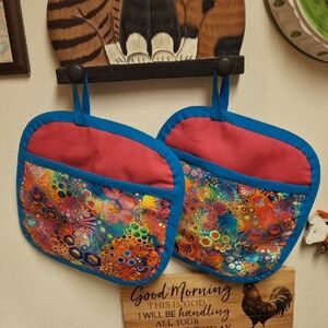 Bright Multicolor Quilted Pot Holders with Blue Trim